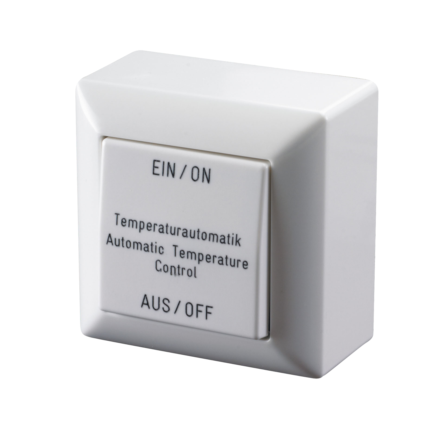 Das Bild zeigt den Wahlschalter WHA-14A AP von Kingspan STG in reinweißer Aufputz-Ausführung. Der Schalter dient zur manuellen Umschaltung zwischen Temperaturautomatik und Handbetrieb in Lüftungs- und RWA-Systemen. Die kompakte Bauform eignet sich ideal f