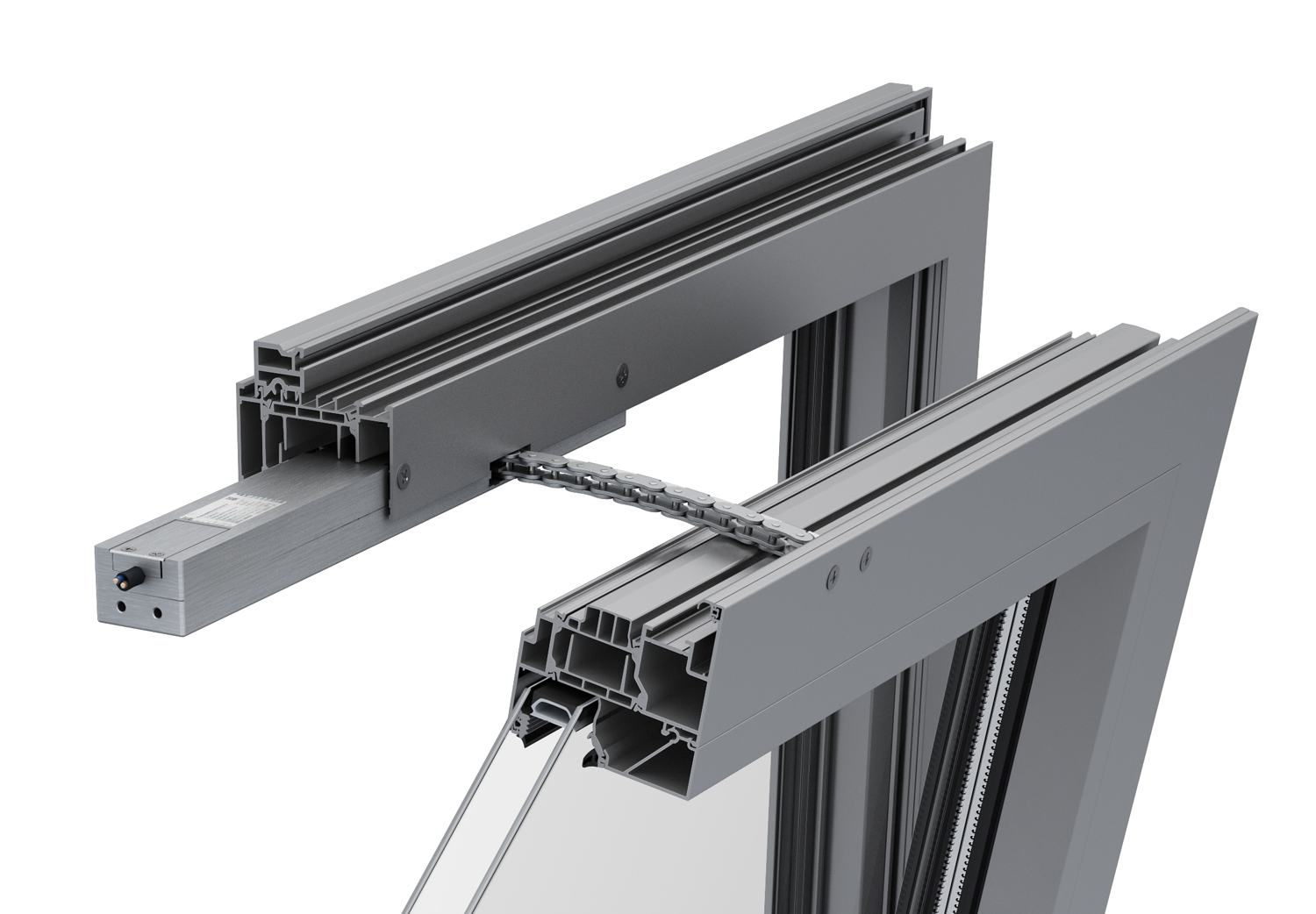 Kettenantrieb LM von Kingspan STG – kompakter Fensterantrieb für Lüftung und RWA, verdeckt oder aufliegend montierbar, wartungsfreie Edelstahlkette