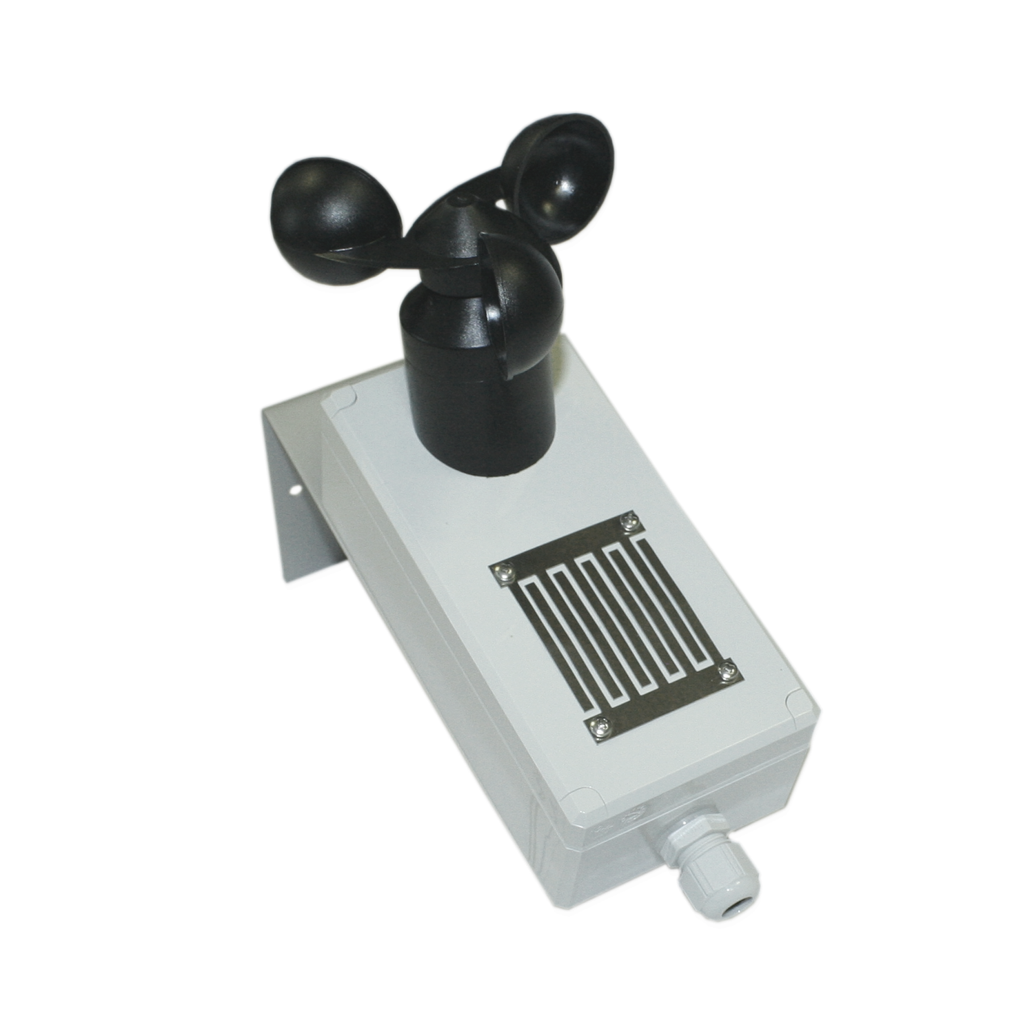 Wind- und Regenmelder WRM/2 24V in wetterfestem Kunststoffgehäuse mit integriertem Schalenanemometer und beheizter Sensorfläche. Das Gerät erkennt automatisch Regen, Schnee und Wind und sendet entsprechende Steuerbefehle an RWA- oder Lüftungszentralen zur