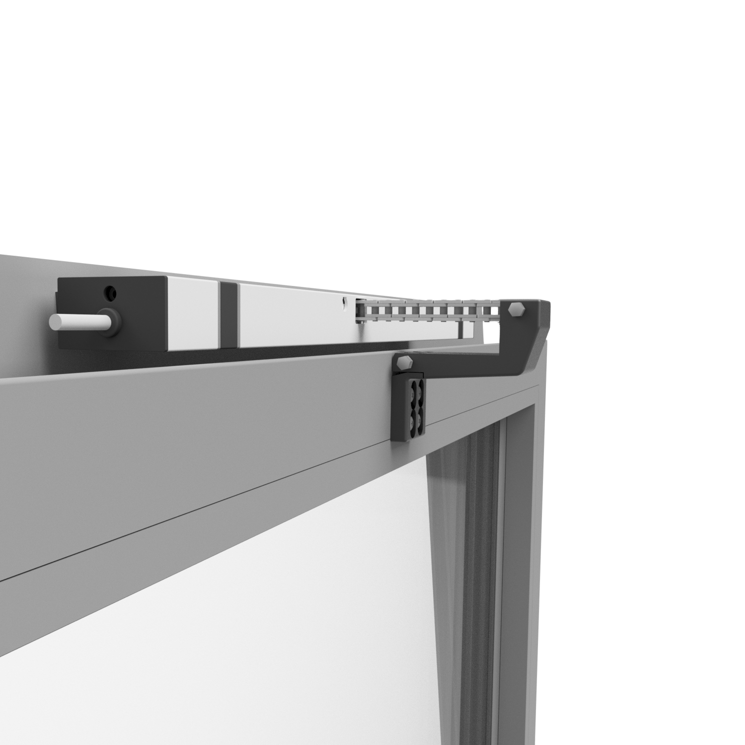 Konsolenset KCDM BF/IOX/SW in Schwarz (RAL 9005), bestehend aus Flügelbock mit Blende, zwei Konsolen, Endstücken, Zylinderstift, Bolzen und Schrauben – zur Rahmenmontage an einwärts öffnenden Kipp-, Klapp- oder Drehfenstern mit bis zu 60° Öffnungswinkel.