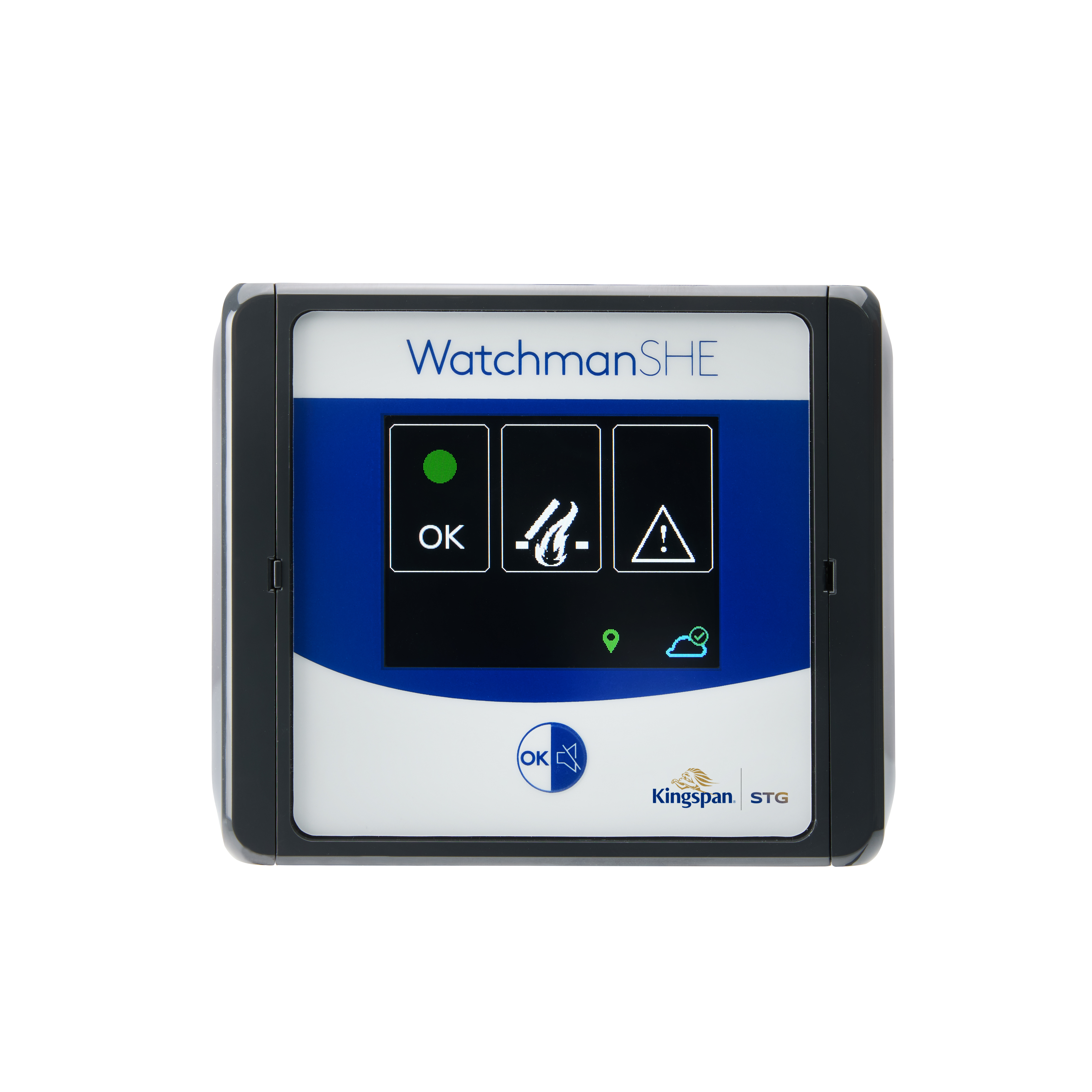 Das Bild zeigt das WatchmanSHE Fernüberwachungsmodul von Kingspan STG, montiert in einer RWA-Anlage. Die LEDs signalisieren den aktuellen Zustand der Steuerung, während die integrierte Kommunikationseinheit den Status in Echtzeit an die Kingspan Cloud übe
