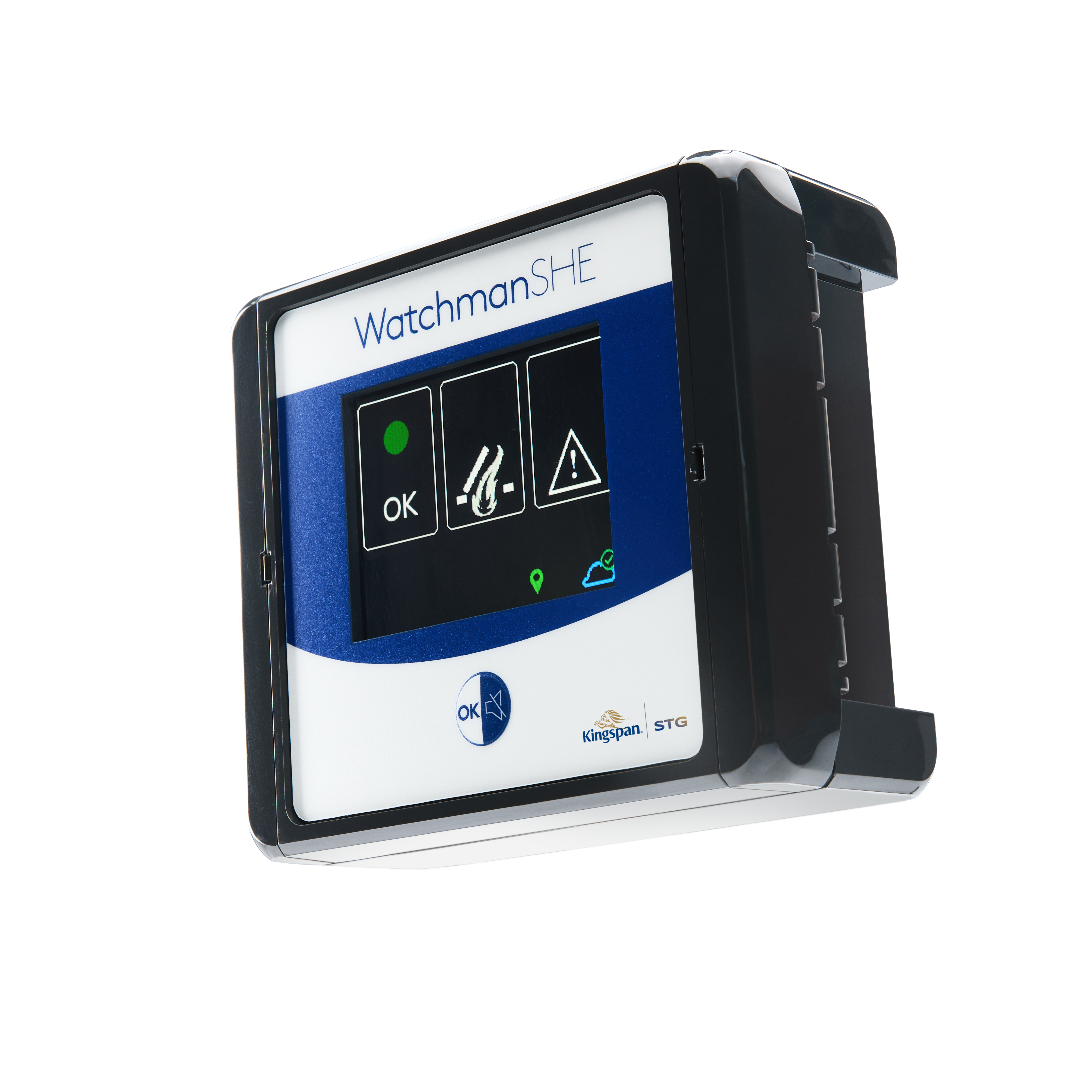 Das Bild zeigt das WatchmanSHE Fernüberwachungsmodul von Kingspan STG, montiert in einer RWA-Anlage. Die LEDs signalisieren den aktuellen Zustand der Steuerung, während die integrierte Kommunikationseinheit den Status in Echtzeit an die Kingspan Cloud übe