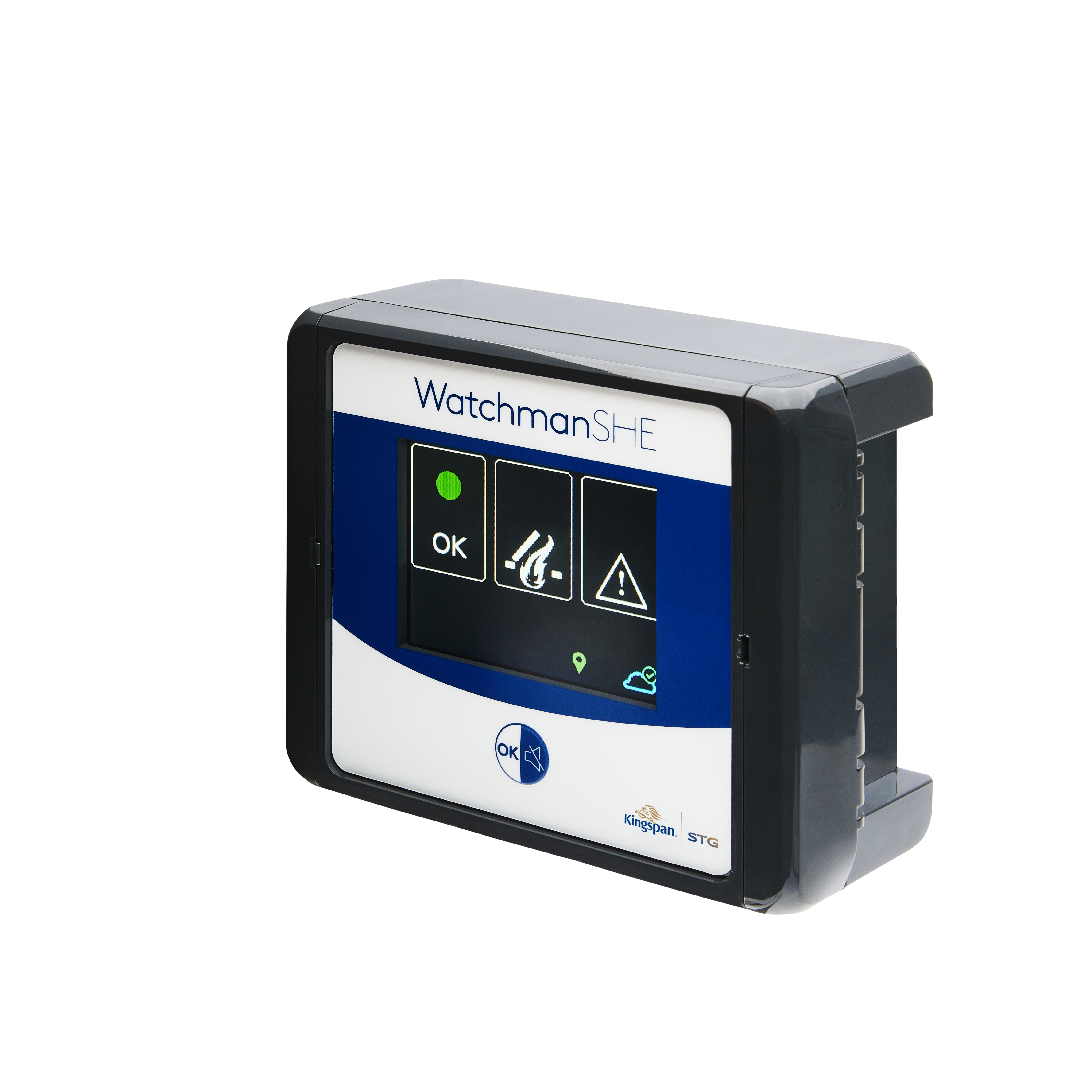 Das Bild zeigt das WatchmanSHE Fernüberwachungsmodul von Kingspan STG, montiert in einer RWA-Anlage. Die LEDs signalisieren den aktuellen Zustand der Steuerung, während die integrierte Kommunikationseinheit den Status in Echtzeit an die Kingspan Cloud übe